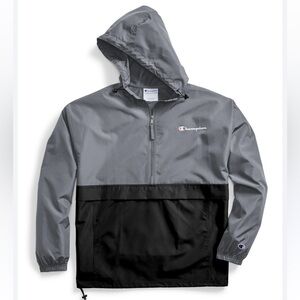 Champion Men’s Colorblock Grey/Black Packable hooded Windbreaker Jacket S EUC
